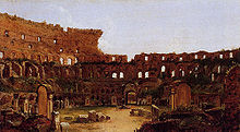 Interiér Kolosea, Řím . Thomas Cole, 1832. Kolem arény je vidět křížová cesta a množství rostlin, obojí odstraněné později v 19. století.