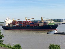 Container ship on the Elbe in Hamburg