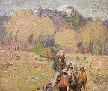 La montaña de Taos, el hogar del camino , de Cordelia Wilson (1920). En mayor resolución el empaste es muy claro.  