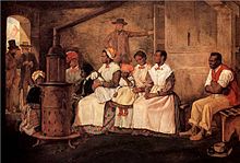 Maal, millel on kujutatud Aafrika orjanaised, kes ootavad müüki, Richmondis, Virginias, USA, 1853. aastal.