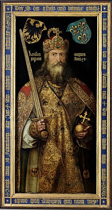 Ideal image of Charlemagne with parts of the imperial regalia produced long after his death, painted in 1513 by Albrecht Dürer on commission from his hometown of Nuremberg. The writing in the picture reads: "Karolus magnus / imp(er)avit Annis-14-". The surrounding inscription reads: "This is like the stature and figure of / Emperor Carlus who made the Roman Empire / The whip under tenig / His crown and clothes highly esteemed / One fences at Nurenberg every year / With other haltum obviously".