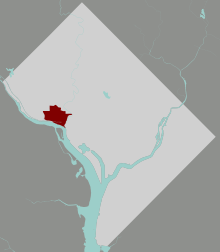Kort over Washington, D.C., med Georgetown fremhævet med rødbrun farve.
