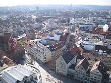 2005: View from the middle platform of Ulm Cathedral towards the west. On the left the historic Neues Bau, almost all other visible buildings are new.