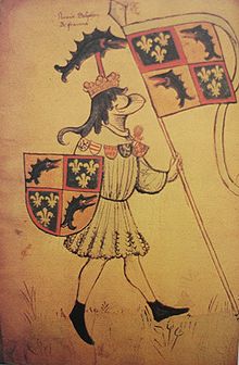 The Dauphin and later French King Louis XI with dolphin as heraldic animal and crest, c. 1450 (Hyghalmen Scroll, Heralds' College Manuscript)