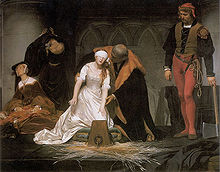 Lady Jane Grey, todennäköisesti viaton Englannin kuningatar, mestataan.  