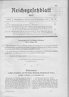 Publication of the announcement on the Munich Agreement of 31 October 1938 in the Reich Law Gazette 1938, Part II, pp. 853 et seq.