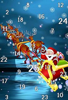 Een adventskalender met een afbeelding van de Kerstman op zijn slee  