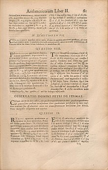 This page of the Arithmetica of 1670 contains Pierre de Fermat's marginal note