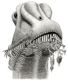 A diplodocid ingests stones while eating a palm fern (Cycadophyta).