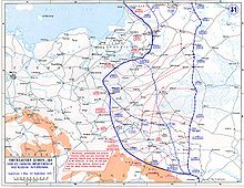 Retreat of Russian troops between May (blue front line) and September 1915 (blue dashed front line)
