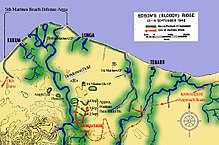 Kort over Lunga-området på Guadalcanal, der viser de japanske styrkers indfaldsveje og placeringen af de japanske angreb under slaget. Oka's angreb var i vest (til venstre), Kuma-bataljonen angreb fra øst (til højre) og Center Body angreb "Edson's Ridge" (Lunga Ridge) i nederste midte af kortet.  