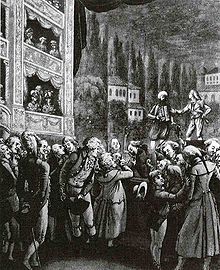 Mozart (centru) a asistat la o reprezentație a operei Die Entführung aus dem Serail la Berlin în 1789.