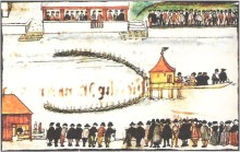 Felix Manz is drowned in the Limmat in 1527. (Representation from the 17th century)
