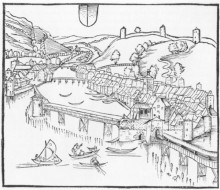 Oldest view of the city of Lucerne by Petermann Etterlin, 1507. St. Peter's Chapel is clearly visible in front with the Chapel Bridge and part of the Court Bridge at the right edge of the picture.