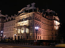 Night view of the northwest corner of the building
