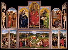 Ģentes altārglezna: Van Eika gleznotais Gentes altāris: Mistiskā Jēra adorācija (skats no iekšpuses), 1432. gads, autors van Eiks (van Eyck)