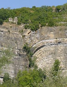 Umgekehrte Schuld bei den Grands Causses in Bédarieux, Frankreich. Die linke Seite bewegt sich nach unten, während die rechte Seite sich nach oben bewegt