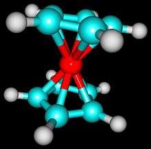 Metalul Fe (roșu) leagă două inele organice între ele. În structurile inelare, fiecare punct reprezintă un atom de carbon. Astfel, ferocenul are 10 atomi de carbon, 5 în inelul de deasupra fierului și 5 în inelul de dedesubt.  