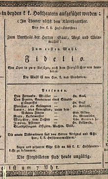 斐德里奥》 ,世界首演剧目单,维也纳,Kärntnertortheater,1814年5月23日。