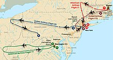 Flight paths of the four hijacked passenger planes