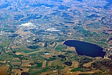 Aerial view of the town with the Berzdorfer See lake