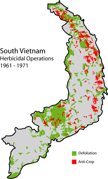 Sprayed areas in South Vietnam; green: defoliation, red: crop destruction.