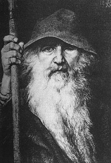 O imagine a lui Odin Rătăcitorul, cu pălărie mare, barbă, mantie și baston.