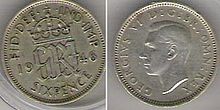 En sixpence fra 1946 med George VI som portræt