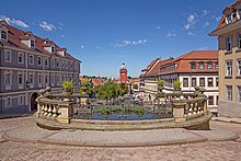View from the Schlossberg over the Wasserkunst to the upper Hauptmarkt with the old town hall
