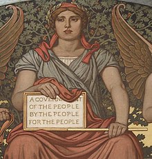 Detajl freske Elihuja Vedderja Vlada (1896) v Kongresni knjižnici. Na naslovni figuri je tabla z besedami Lincolnovega znamenitega stavka.