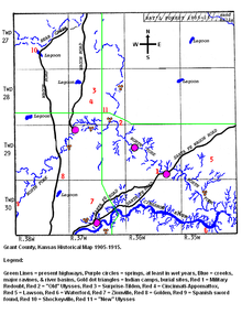 Leyenda: Líneas verdes = carreteras actuales, Círculos morados = manantiales, al menos en años húmedos, Azul = arroyos, barrancos principales y cuencas fluviales, Triángulos de puntos dorados = campamentos indios, lugares de enterramiento, Rojo 1 = Reducto militar, Rojo 2 = "Viejo" Ulises. Rojo 3 = Surprise-Tilden, Rojo 4 = Cincinnati-Appomattox, Rojo 5 = Lawson, Rojo 6 = Waterford, Rojo 7 = Zionville, Rojo 8 = Golden, Rojo 9 = Espada española encontrada, Rojo 10 = Shockeyville, Rojo 11 = "New" Ulysses  