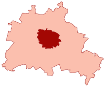 Die Stadt Berlin vor 1920 (dunkelrot) und das Groß-Berlin nach 1920 (hellrot)