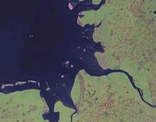 Funnel-shaped mouths of the Jade (centre left), Weser (below centre), Elbe (right of centre) and Eider (above) into the German Bight (North Sea)