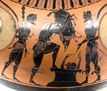 Herakles håller vildsvinet ovanför Eurystheus som gömmer sig i sin burk med Iolaos (till höger) och Hermes (till vänster) från en amfora med svart figur, ca 525 f.Kr.  