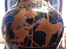 Herakles och Kerberus på en attisk amfora med röda figurer tillverkad någon gång mellan 530-520 f.Kr.  