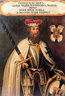 Hermann von Salza, the IV. Grand Master in the years 1210-1239; later historicizing depiction from a 16th century chronicle; the Grand Master's armour and headgear do not correspond to the period depicted.