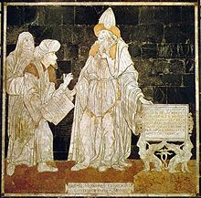 Floor painting at the entrance to Siena Cathedral (late 15th century, attributed to Giovanni di Stefano): Hermes Trismegistos (centre), handing over a book, with the personifications of the Orient (left) and Occident (far left). At the bottom of the picture Hermes is described as a contemporary of Moses.