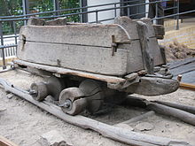 Mine railroad in Transylvania on wooden plank rails, 16th century.