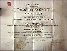Doctorate certificate of the University of Prague from 1905