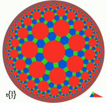 Poincaré-Scheibenmodell einer großen rhombenbeschleunigten {3,7} Kachelung