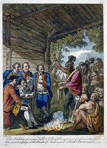 Bouquetovo jednání je zobrazeno na této rytině z roku 1765 podle obrazu Benjamina Westa. Domorodý mluvčí drží pás wampumů, nezbytných pro diplomacii ve Východních pralesích.