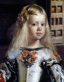 Detalje af Filip IV's datter, Infanta Margarita. Hendes venstre kind blev stort set ommalet efter at være blevet beskadiget i branden i 1734.