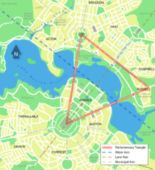 The centre of Canberra, the axes and the Parliamentary Triangle are well visible