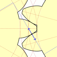 Animation of a helical gear unit: The meshing point moves on the meshing line (involute gearing, second meshing line not drawn). At the meshing point, the two teeth predominantly roll on each other, but also slide slightly against each other (rolling contact).