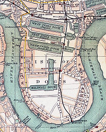 West India Docks og Millwall Docks synlige på et kort over Isle of Dogs i 1899