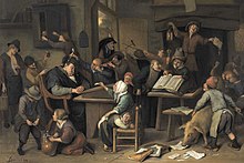 Koululuokka ja nukkuva koulumestari, Jan Steenin maalaus öljypaneelille, 1672.  