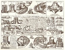 Mapa Somersových ostrovů (Bermudy) od kapitána Johna Smithe z roku 1624, na které je zobrazeno město Svatého Jiří a související opevnění, včetně opevnění Castle Islands, Bermudy.