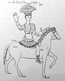 Drawing of the lost monumental statue of the Augustaion in Constantinople with the representation of Emperor Justinian (Justinian's Column), drawing by Nymphirios, Budapest University Library (Ms. 35, fol. 144 v.)