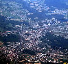 Aerial view from the east (Durlach in the front left, Rheinhafen in the back right)