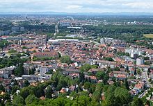 View from the Turmberg over Durlach and Karlsruhe to the Palatinate Forest on the western edge of the Upper Rhine Plain